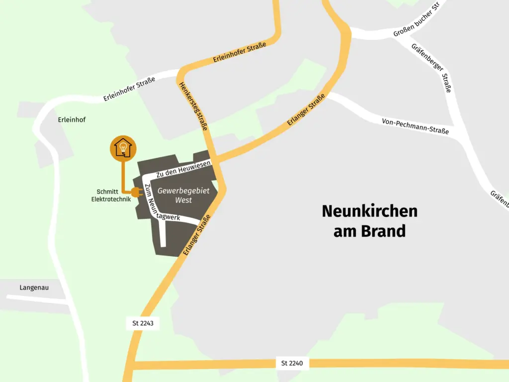 Anfahrtskarte zu Schmitt Elektrotechnik im Gewerbegebiet West in Neunkirchen am Brand