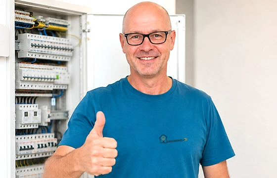 Markus Schmitt von Schmitt Elektrotechnik steht mit einem Daumen nach oben in Neunkirchen am Brand vor einem professionell verkabelten Hauptverteiler und Schaltschrank